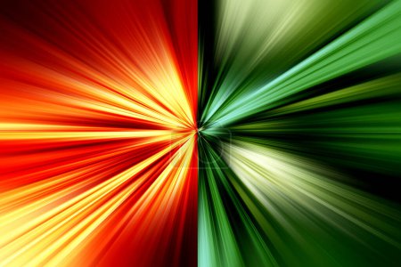 Abstraktes radiales Zoomen verschwimmt die Oberfläche in Grün-, Rot- und Gelbtönen. Zweifarbiger Hintergrund mit radialen, divergierenden, konvergierenden Linien. Der Hintergrund gliedert sich in zwei Teile.