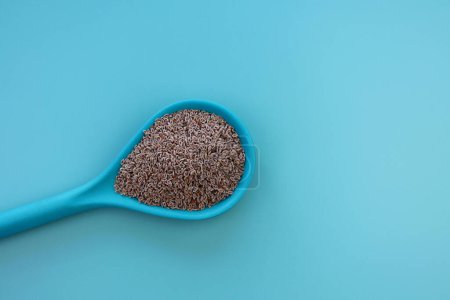 Psyllium seeds in a blue spoon on a blue background.