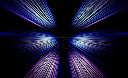 Abstraktes radiales Zoomen verschwimmt die Oberfläche in blauen, lila Tönen auf schwarzem Hintergrund. Spektakulärer Hintergrund mit radialen, strahlenden, konvergierenden Linien.