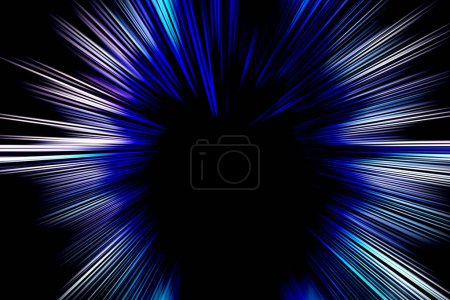 Abstrakte Oberfläche radialer Unschärfe zoomt in Blau- und Weißtönen vor schwarzem Hintergrund. Explosionshintergrund mit radial divergierenden konvergierenden Linien.