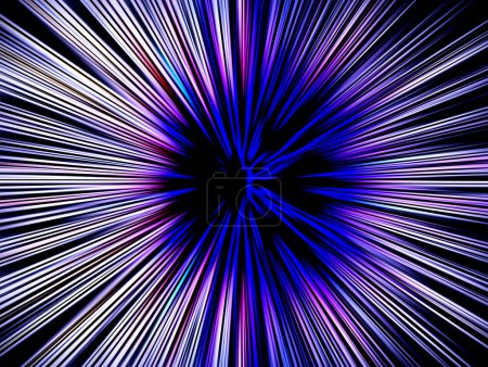 Abstraktes radiales Zoomen verschwimmt die Oberfläche in Blau-, Rosa- und Weißtönen auf schwarzem Hintergrund. Spektakulärer Hintergrund mit radialen, strahlenden, konvergierenden Linien.