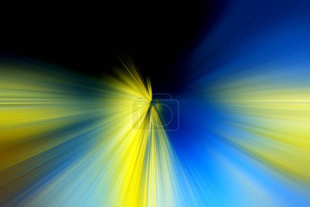 Abstraktes radiales Zoomen verschwimmt in Blau-, Schwarz- und Gelbtönen. Heller, spektakulärer Hintergrund mit radialen, strahlenden, konvergierenden Linien.