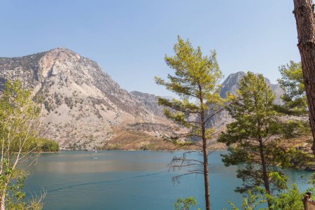 Green Canyon in Turkey, the city of Manavgat. Taurus Mountains and an artificial lake-reservoir. Excursions to Green Canyon