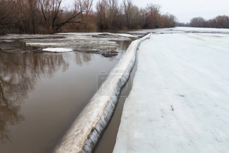 A large piece of ice broke off on the Chagan River in Uralsk. Melting ice floes on the river in spring. Flood in Kazakhstan. Spring ice drift.