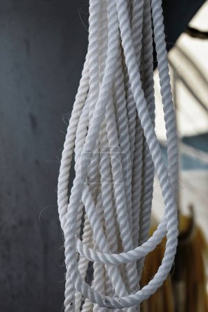 Photo for Right handed laid-three strand-synthetic-white rope coil hanging on the deck of a tourist pontoon moored on the Great Barrier Reef intended for swimming-snorkeling-scuba diving. Cairns-QLD-Australia. - Royalty Free Image