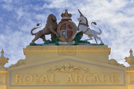 Photo for Melbourne, Australia-October 22, 2018: The Royal Arcade is a historic shopping mall opened in 1870 connecting Bourke Street to Little Collins Street. U.K.royal coat of arms atop the Bourke St.entrance - Royalty Free Image