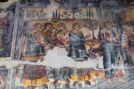 Photo for Permet, Albania-April 17, 2019: Saint Mary's Church of Leusa dates from the 18th century, built on older Byzantine-era remains. Wall paintings from 1812 depicting Bible scenes, Christ and Apostles. - Royalty Free Image