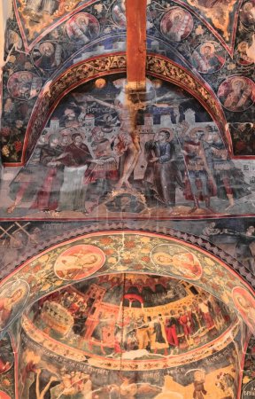 Photo for Permet, Albania-April 17, 2019: Saint Mary's Church of Leusa dates from the 18th century, built on older Byzantine-era remains. Wall paintings from 1812 depicting Bible scenes, varied characters. - Royalty Free Image
