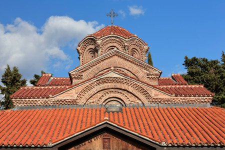Tilted roofs front view, Holy Mother of God Church facade -Crkva Presveta Bogorodica- Perivleptos -"seen from everywhere"-, Byzantine from AD 1295 with XIV - XIX centuries additions. Ohrid-N.Macedonia