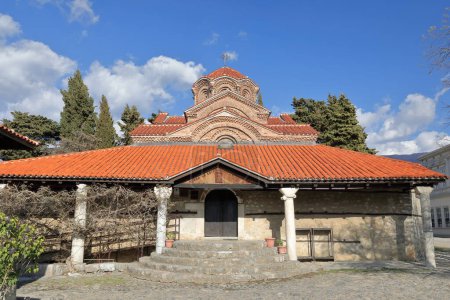 Tilted front view, Holy Mother of God Church facade -Crkva Presveta Bogorodica- Perivleptos -"seen from everywhere"-, Byzantine from AD 1295 with XIV - XIX centuries additions. Ohrid-North Macedonia.