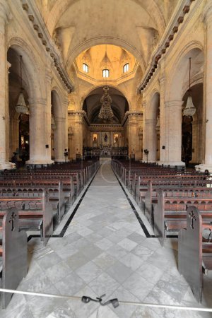 Photo for Sober Neoclassical interior of the AD 1748-1777 built Catedral de San Cristobal Cathedral Church, central nave with marble floor and vaulted ceiling, designed by Francesco Borromini. Old Havana-Cuba. - Royalty Free Image