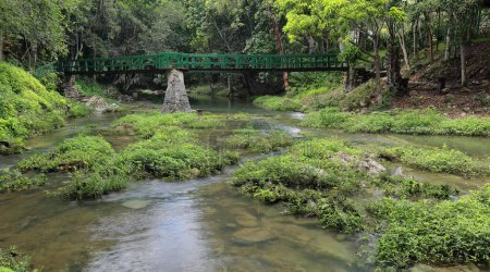 Steel and wood footbridge in the Banos del Rio San Juan Baths, rocky natural terraces through which the water runs causing a series of pools, in Las Terrazas sustainable tourist complex. Artemisa-Cuba