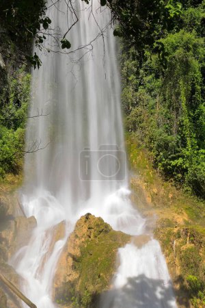 Linker Arm des 27 Meter hohen Wasserfalls Salto El Rocio, der über einen Felsvorsprung stürzt, um auf einem kleinen Pool zu landen, auf der Wanderung Centinelas del Rio Melodioso, Parque Guanayara Park. Cienfuegos Provinz-Kuba.