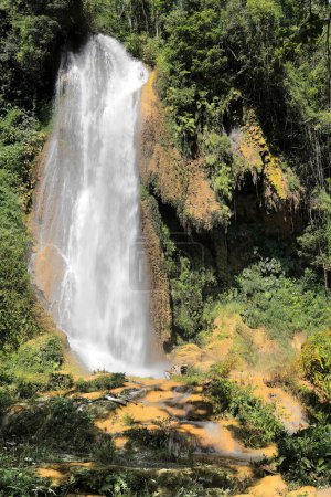 Rechter Arm des 27 Meter hohen Salto El Rocio Wasserfalls, der über einen Felsvorsprung stürzt und auf einem kleinen Pool landet, auf der Centinelas del Rio Melodioso Wanderung, Parque Guanayara Park. Cienfuegos Provinz-Kuba.