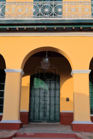 Trinidad, Cuba-October 12, 2019: Detail of the SW facing facade of the AD 1812 built, Neoclassical former Palacio Brunet Palace on the NW side of the Plaza Mayor Square, now the Museo Romantic Museum.