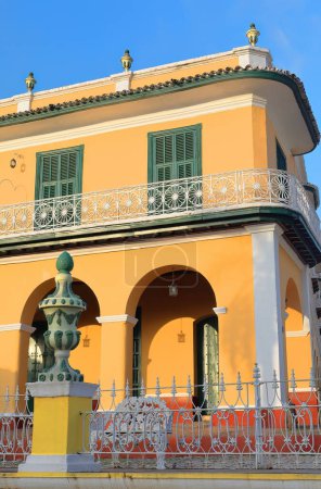 Trinidad, Cuba-October 12, 2019: Southwest facing facade of the AD 1812 built, Neoclassical former Palacio Brunet Palace on the northwest side of the Plaza Mayor Square, now the Museo Romantic Museum.