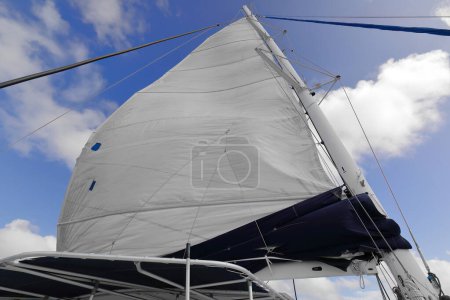 Photo for White mainsail of a cruising catamaran sailing to Cayo Iguana Key, tiny sand spot at about 2 hour distance from the main island. Trinidad-Cuba-253 - Royalty Free Image