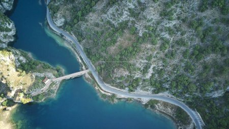 Aerial view of the little dam in San Domenico Lake in Abruzzo.