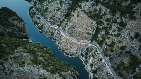 Aerial view of the little dam in San Domenico Lake in Abruzzo.