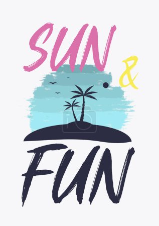 Illustration zur Sommerzeit. Palmen, Strand und Sonnenuntergang. Vektorhintergrund