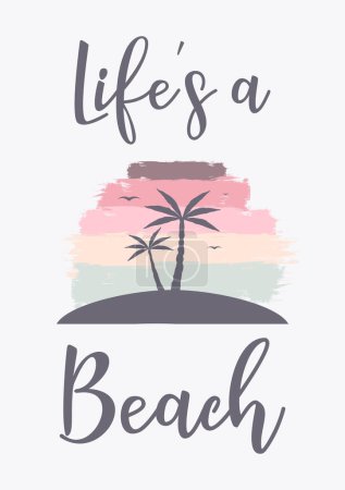 Illustration estivale. Palmier, plage et coucher de soleil. Fond vectoriel