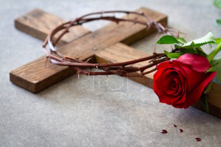 Photo for Red rose, wooden cross and crown of thorns. Passion of Christ symbol, concept - Royalty Free Image