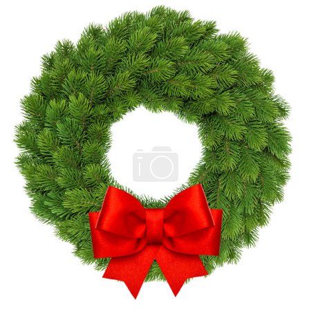 Photo for Christmas wreath with red ribbon bow isolated - Royalty Free Image