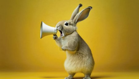 Téléchargez les photos : Mignon lapin de Pâques tenant mégaphone et rugissant sur fond jaune. Concept de publicité de Pâques - en image libre de droit