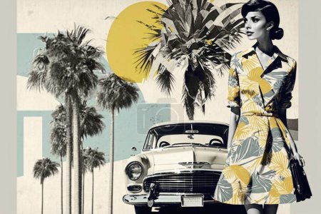 Téléchargez les photos : Jeune femme portant une robe de style des années 50. Collage de voyage avec voiture rétro - en image libre de droit