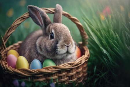 Téléchargez les photos : Mignon lapin dans le panier avec des œufs de Pâques colorés à l'extérieur. Printemps - en image libre de droit