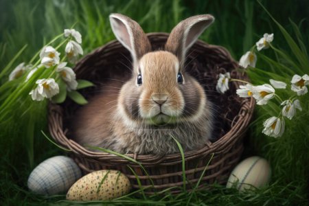 Téléchargez les photos : Petit lapin de Pâques dans un panier tissé avec des œufs et des fleurs blanches de printemps décoration - en image libre de droit