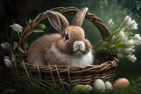 Téléchargez les photos : Mignon lapin dans le panier avec des œufs de Pâques et des fleurs de printemps - en image libre de droit
