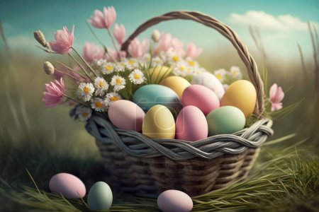 Téléchargez les photos : Oeufs de Pâques dans le panier avec des fleurs - en image libre de droit