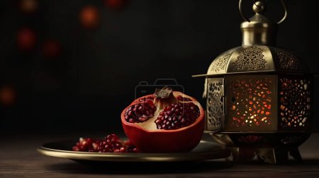 Téléchargez les photos : Concept de vacances islamiques. Lanterne orientale et fruits de grenade. Décoration Ramadan - en image libre de droit