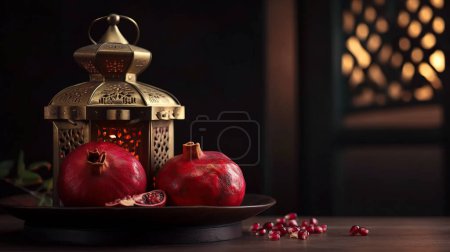Téléchargez les photos : Lanterne arabique et fruits de grenade. Concept de vacances islamiques. Décoration Ramadan - en image libre de droit