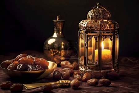 Téléchargez les photos : Lanterne arabe et dates. Concept de vacances islamiques. Décoration de table Ramadan - en image libre de droit