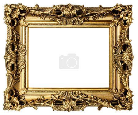 Téléchargez les photos : Cadre antique sculpté doré isolé sur fond transparent. Cadre rectangle doré vintage pour photo - en image libre de droit