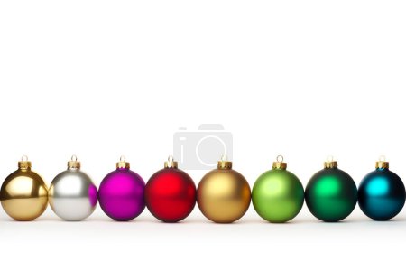 Foto de Banner de Navidad. Coloridos adornos de bolas brillantes de pie en una fila - Imagen libre de derechos