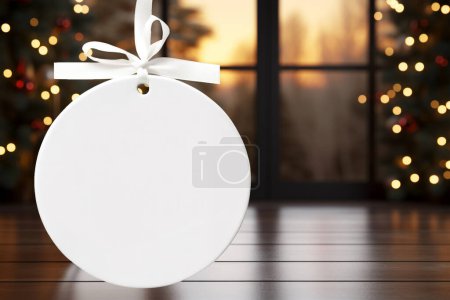 Photo for Round Ceramic ornament mockup. Christmas ornament mock up with festive decoration background - Royalty Free Image