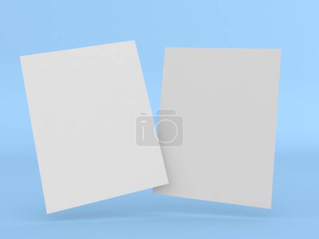 Téléchargez les photos : Two sheets of A4 paper on a blue background. 3d render illustration. - en image libre de droit