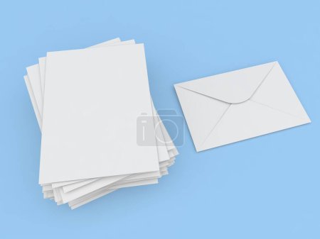 Umschlag und ein Stapel DIN-A4-Papiere auf blauem Hintergrund. 3D-Darstellung.