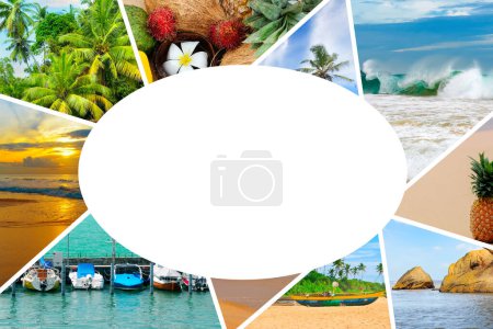 Photo for Tropical seascape, exotic fruits and palm trees. Collage for travel and vacation advertising. Free space for text. - Royalty Free Image