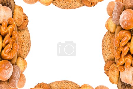 Photo for Croissants, buns and other sweet pastries background. Collage. Free space for text. - Royalty Free Image