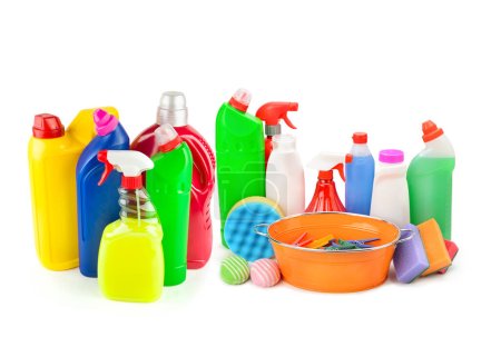 Set of household chemicals, sponges and trough isolated on white background. Collage.