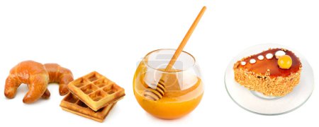 Foto de Pasteles dulces y miel de abeja aislada sobre fondo blanco. Collage. Foto amplia. - Imagen libre de derechos