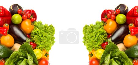 Set of vegetables and fruits isolated on a white background. There is free space for text. Collage. Wide photo.