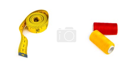 Photo for Sewing threads and measuring tape isolated on a white background. There is free space for text. Collage. Wide photo. - Royalty Free Image