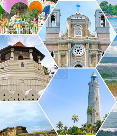 Architectural sights of Sri Lanka: lighthouses, temples, fort. Collage.