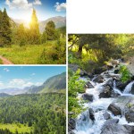 Pyrenees mountains in Andorra, forest,Bright sunrise, mountain river and waterfall. Concept - vacation and travel. There is free space for text. Collage.