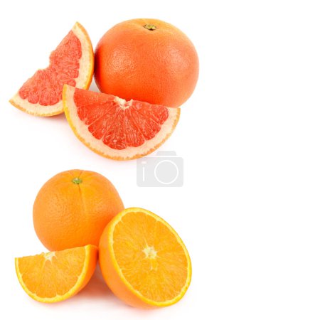 Reife saftige Orange und Grapefruit isoliert auf weißem Hintergrund. Es gibt freien Platz für Text. Collage.
